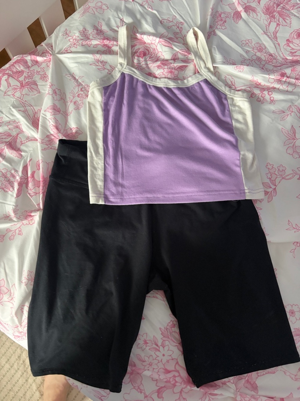 Lilac & Cream Crop Tank with Black Bike Shorts
